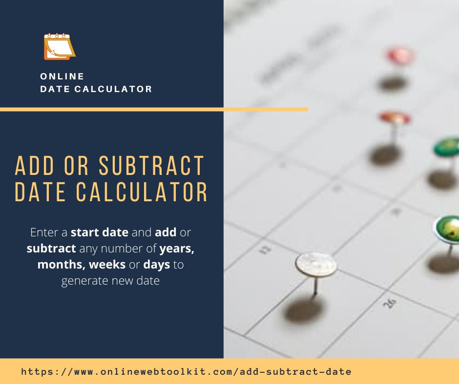 newsmedialists's tweet photo. https://t.co/9DW0icWvdT

Online Add or Subtract Date Calculator Tool

Enter a Start Date from calendar, choose add or subtract option and enter any number of years, months, weeks or days for date calculation.

#onlinewebtoolkit #date_calculator #web_tools #free_tools #SEO #date https://t.co/JqVZvy2ygk