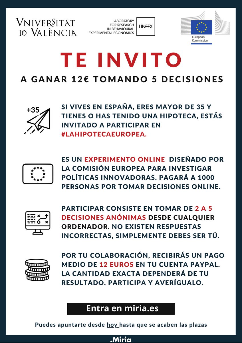LINEEX Uni.València (@lineex) on Twitter photo Si tienes más de 35 años y sabes tomar decisiones, recibirás un pago de media 12€. Comparte con tus contactos y ayuda a la #europeancommission a diseñar políticas económicas innovadoras. Más información en miria.es/simulacion-hip…
<a href="/UV_EG/">Universitat València</a> Si tienes más de 35 años y sabes tomar decisiones, recibirás un pago de media 12€. Comparte con tus contactos y ayuda a la #europeancommission a diseñar políticas económicas innovadoras. Más información en miria.es/simulacion-hip…
<a href="/UV_EG/">Universitat València</a>