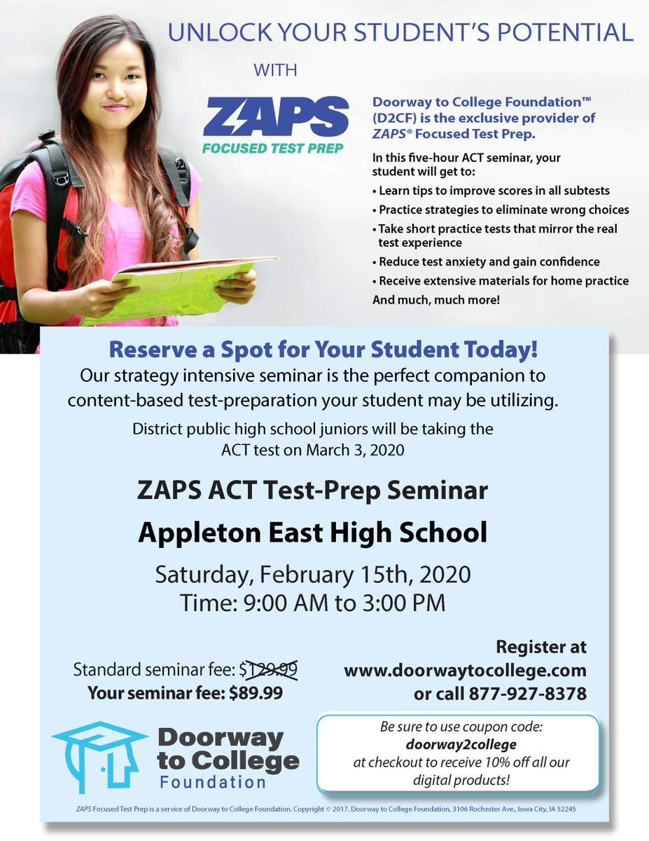 AEast_Counselor's tweet photo. East will be hosting ZAPS ACT Test-Prep Seminar on Saturday, February 15th, 2020 from 9:00 AM to 3:00 PM.  Register at https://t.co/gdSENwNp6f

Please see Mr. Mueller with any questions. There are a limited amount of scholarships available for this ACT Prep @AppletonEast https://t.co/O3458pAY5a