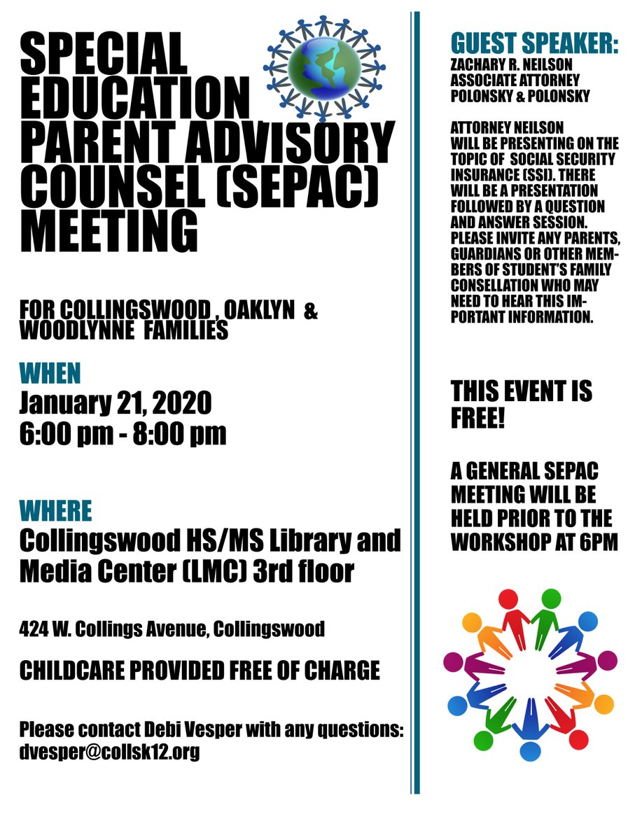 Jan. 21, 2020 6pm - 8pm
Collingswood HS/MS Library and Media Center (LMC) 3rd floor 424 W. Collings Avenue, Collingswood
CHILDCARE PROVIDED FREE OF CHARGE
SPEAKER: ZACHARY R. NEILSON WILL BE PRESENTING ON SOCIAL SECURITYINSURANCE (SSI). 
THIS EVENT IS FREE!