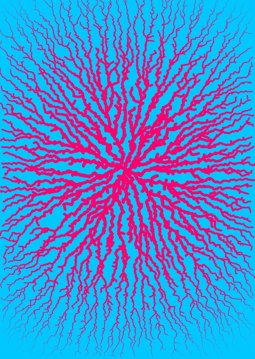 Pink lines which look like nerves sprawling out from the centre against a blue background.