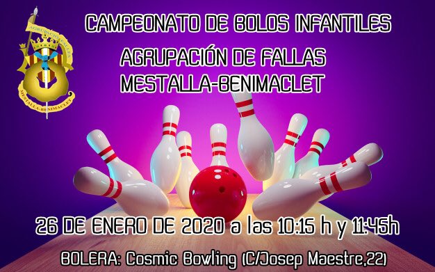 🎳 Este domingo 26 de Enero se celebra el campeonato de bolos infantiles de la Agrupación de Fallas Mestalla-Benimaclet 🎳