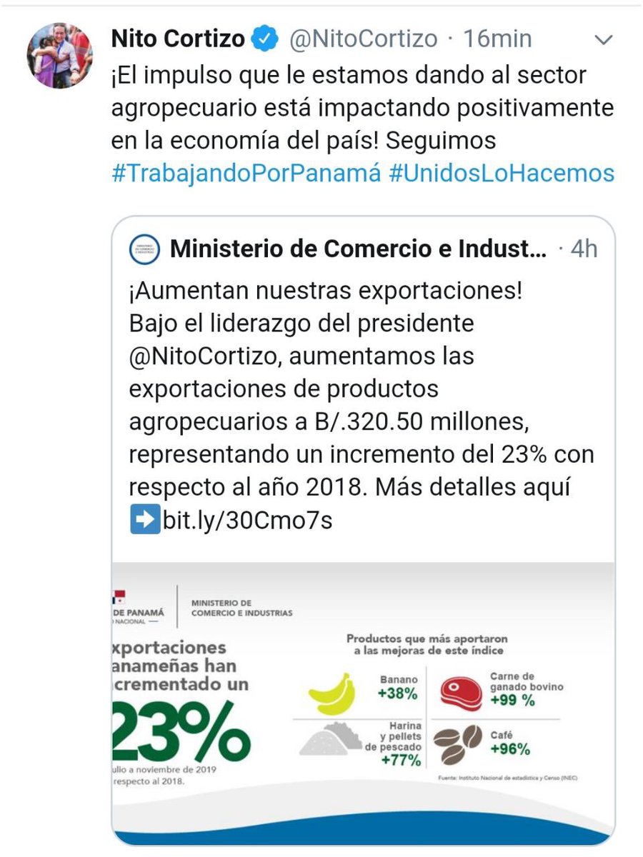 hechos_panama's tweet photo. La reactivación de la producción bananera en Barú y las relaciones Panamá-China, que han permitido exportación de carne de res y otros rubros, han contribuido a mejorar exportaciones. Decisiones y acciones tomadas del 2014-2019 que impactan positivamente a Panamá. https://t.co/JuaHK6JxIB