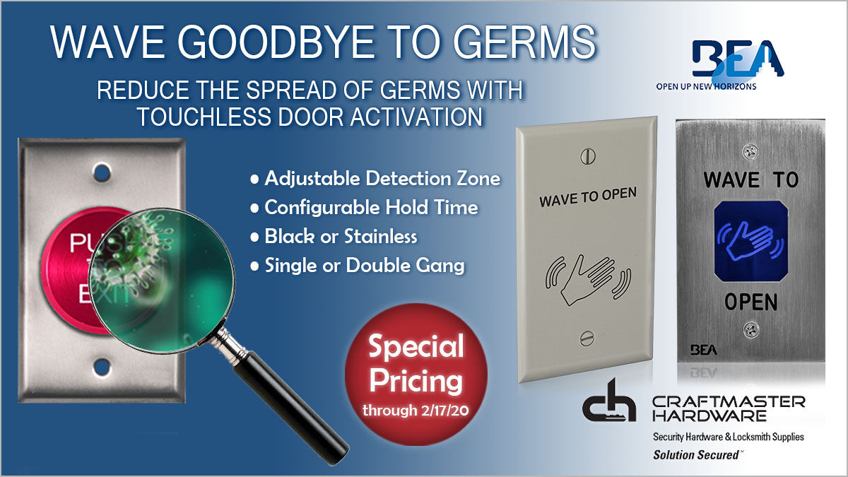 CraftmasterHard's tweet photo. WAVE GOODBYE TO #GERMS WITH #TOUCHLESS #ACCESSCONTROL BY @BEASENSORS! Special Pricing thru 02/17/2020. Call Now 800-221-3212 or visit https://t.co/DvwqPU1pGl to learn more. #Promo #Security #Safety #SafetyFirst #BEA #BEASensor #Lock #Locksmith #FacilityManagement #AccessControl https://t.co/nZYCtZxtLC