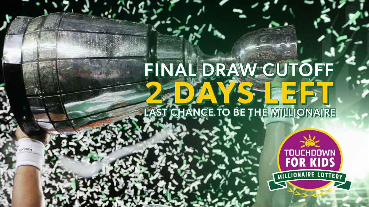 td4kidslottery's tweet photo. There are only 2 days left to get tickets for the Touchdown for Kids Millionaire Lottery and be eligible for the $1MILLION Grand Prize.
Your ticket purchase changes lives for Saskatchewan children and their families.
Get yours: https://t.co/TmiD6AEdzN
#TFKML https://t.co/k2RLWM9Hx4