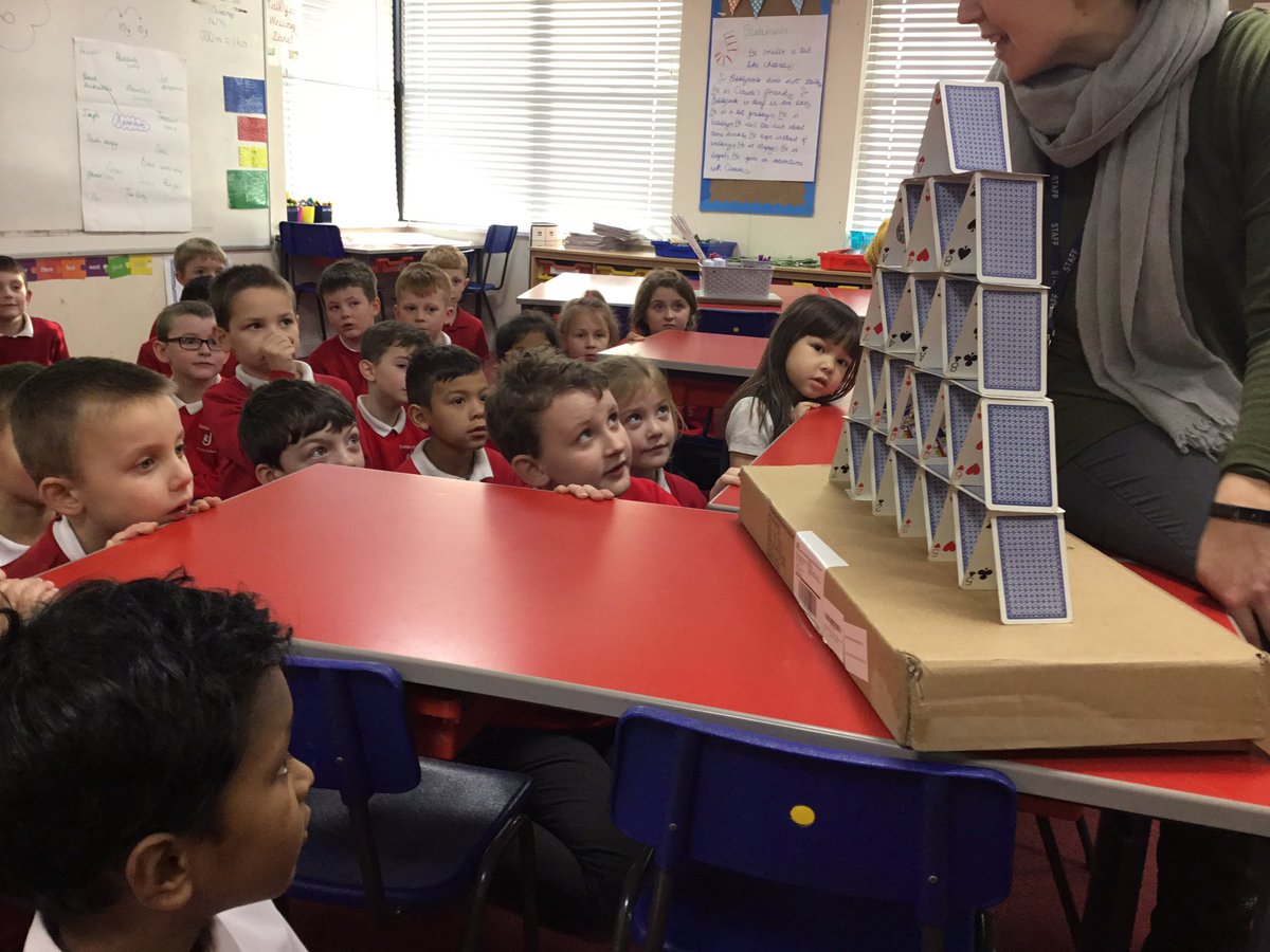 TJPrimary's tweet photo. Kicking off our new topic on ‘Buildings’ by trying to replicate Mrs Derbyshire’s magnificent card structure (which isn’t glued at all😉) #2ES #2D #TJTopic #TJIPC https://t.co/RsFfZSqDVw