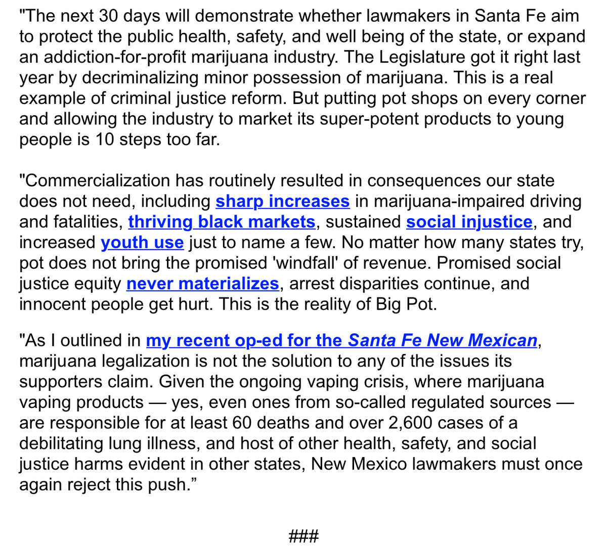 learnaboutsam's tweet photo. Today, the New Mexico Legislature begins its 30-day session. 

The creation of a Colorado-style, commercial marijuana industry is among the priorities for Governor Michelle Lujan Grisham @GovMLG.

Lawmakers must once again reject this addiction-for-profit push. 

Our statement: https://t.co/pSBSPXengz