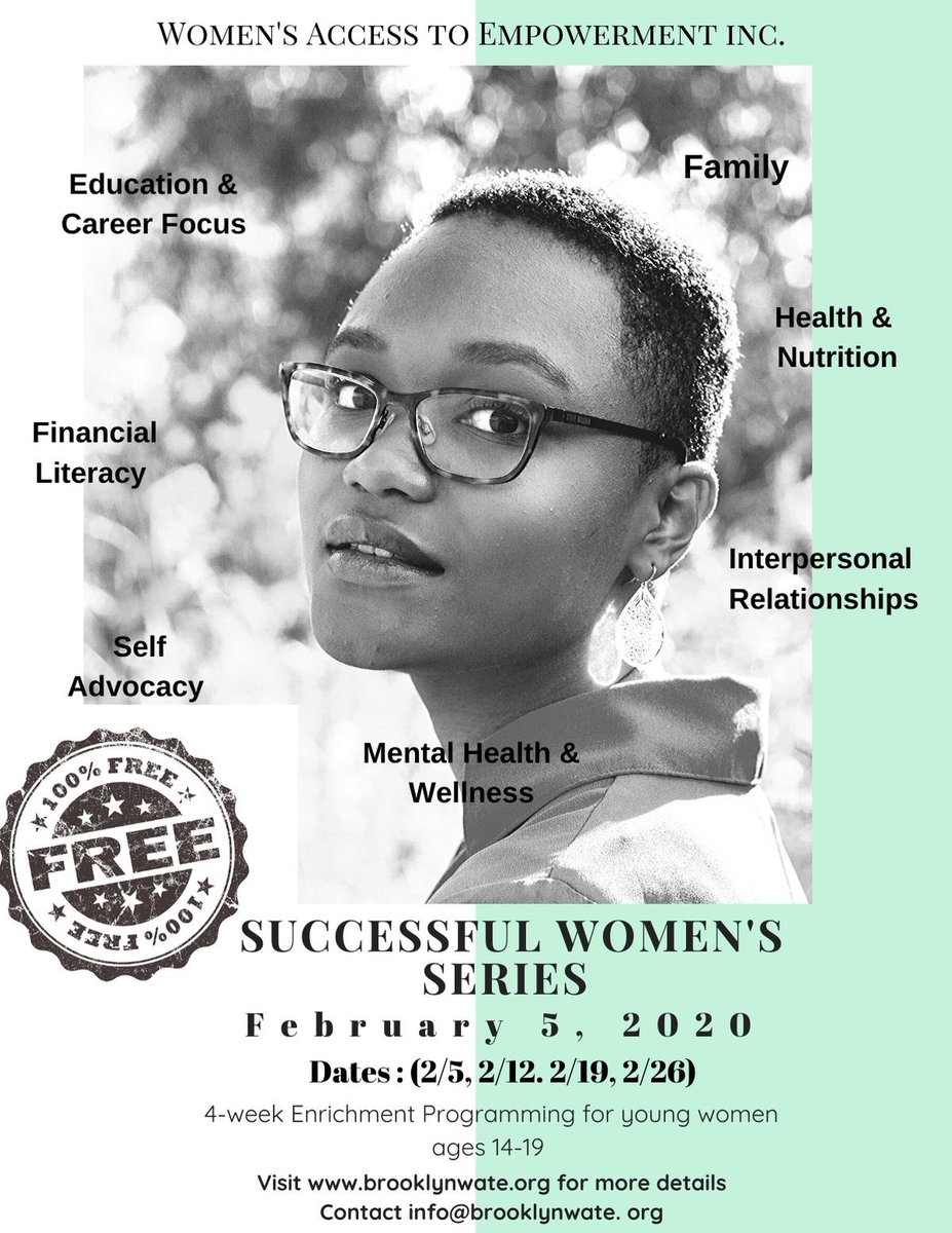 BrooklynWATE's tweet photo. If you know of a young lady in high school who would benefit from this workshop series please share. Visit https://t.co/V9qi29jWsI to rsvp to this completely FREE workshop. #BrooklynWATE https://t.co/ea4cV3odrR
