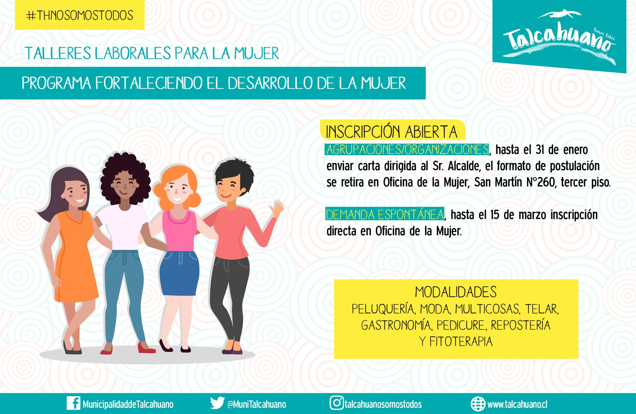 Munitalcahuano On Twitter Talleres Laborales Estimadas Vecinas Ya Abrimos El Proceso De Inscripcion Para Los Talleres Laborales Para La Mujer Para Peluqueria Moda Gastronomia Entre Otros Mas Informacion Https T Co L9bgnzgryu
