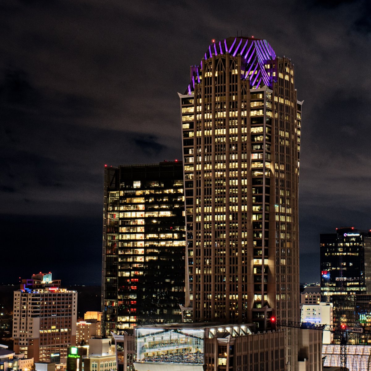 emilymward's tweet photo. Truist purple illuminating the midnight skyline in Charlotte. 💜 #truist #hearsttower #uptown #truistteammate #teamtruist https://t.co/C8rIj6RmKv