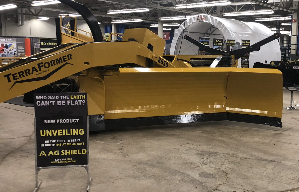 AgShield's tweet photo. Ag Shield is pleased to announce the official unveiling of the Terraformer 8650. Introducing the newest innovation in land contouring. Visit us at booth 448 at Ag Days in Brandon (January 21-23) or go to https://t.co/XHgHBbQ2mm for more information. #agshield #agdays20 https://t.co/16zZwnkK10
