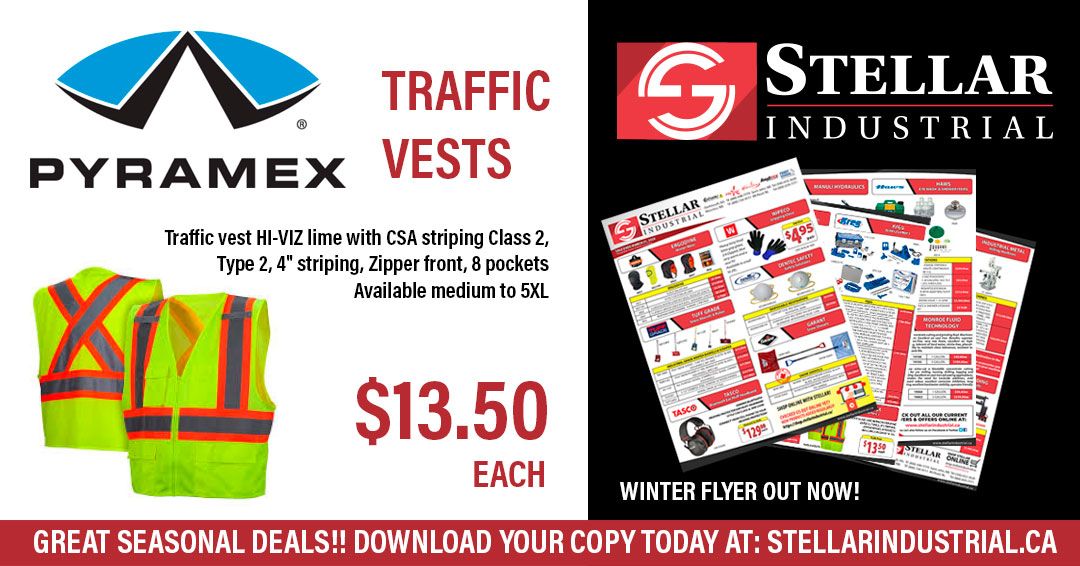 StellarIndSales's tweet photo. Be seen, be safe in these #Pyramex Hi Viz Safety Vests, now only $13.50 each in our latest flyer. Make sure you download yours today. https://t.co/AahLxoRzhb #PPE #Safety #WorkWear #StellarIndustrial https://t.co/ZVGgZ4p3mU