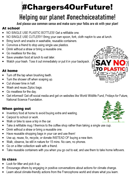 StaggFrench's tweet photo. @StaggFrench students pledge each week to make #onechoiceatatime to move towards a more climate-friendly lifestyle. Join us! Choose an action that you don't already do as a habit, try it out, tell us about it! #Chargers4ourFuture https://t.co/Yl1eRgKQOs
