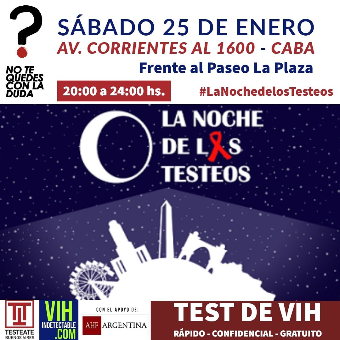 testeateba's tweet photo. #LaNochedelosTesteos
TEST DE VIH RÁPIDO GRATUITO Y CONFIDENCIAL
Sábado 25 de Enero de 20 a 24 hs.
Av. Corrientes al 1600
Frente al Paseo La Plaza
#LaNochedelosTesteos #ahfargentina
#testeate #Testeateba #testvih https://t.co/4zZSv6IxKb
