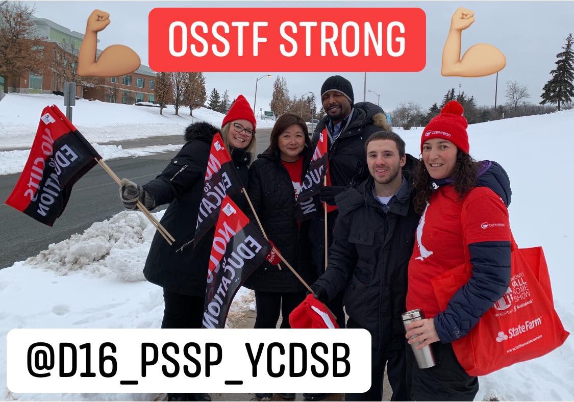 D16_PSSP_YCDSB's tweet photo. YCDSB PSSP Staff supporting our OECTA partners walking the picket line before work this morning. #OSSTF #OECTA #RedForRed #CutsHurtKids #solidarity https://t.co/LUEmICl4hU