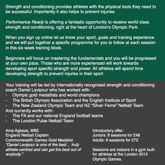 Final week to sign up for 6 weeks of S&amp;C sessions at a world class facility in the Olympic Park! Let’s go!