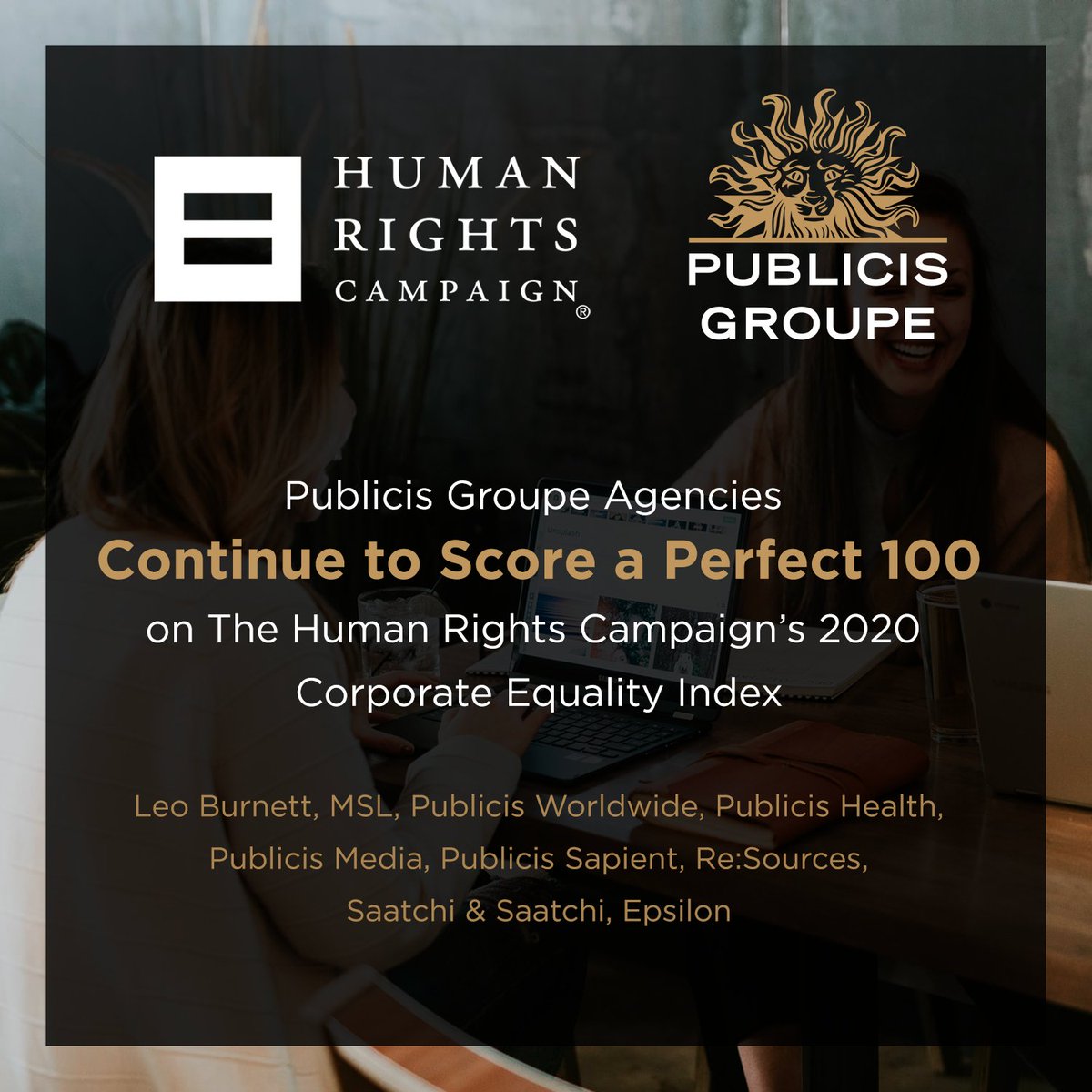 PublicisMedia's tweet photo. We are so proud to receive the “Best Place to Work for LGBTQ Equality” accolade for another consecutive year by earning a perfect 100 rating on the @HRC Corporate Equality Index, alongside several other @PublicisGroupe agencies. https://t.co/bIZ1CvLSOO
