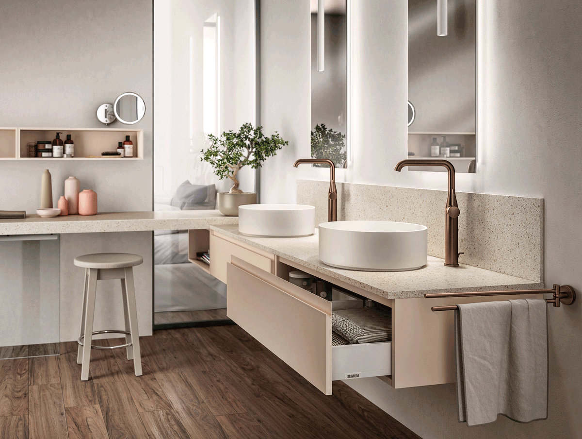 scavolini's tweet photo. Protagonisti assoluti di questo bagno Tratto? Il color Cipria dei mobili in abbinamento al Rame della rubinetteria. Per un risultato perfetto! #ScavoliniBagni #ScavoliniBathrooms https://t.co/PXrD4Nwc09