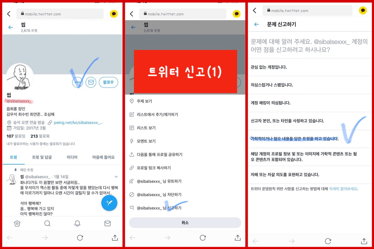 ☑️트위터 계정 및 트윗 신고하는 방법 “특정 대상에 대한 괴롭힘 ~ “ 보다 “보호받아야할 범주 ~ “ 로 신고하는 게 처리가 더  빨라요👍🏻