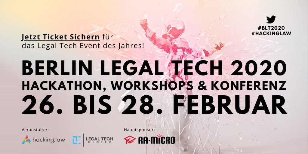 LegalTechCGN's tweet photo. (Werbung)
Vom 26-28.02 noch keine Termine? Dann ab nach Berlin!
Die Berlin Legal Tech wird unter der Leitung von @heckerhut (Gast bei #TalkingLegalTech) und @stebreidenbach organisiert.
#legaltechtuesday #blt2020 #hackinglaw https://t.co/RsZao9F7zz