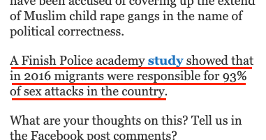TheLiberal_x's tweet photo. In this post, TheLiberal makes the wild claim that "in 2016 migrants were responsible for 93% of sex attacks" in Finland, linking to a police report (in Finnish) that says no such thing.

Please report as False News:
https://t.co/9op7XzL0Dy

Can you flag this ASAP, @TJ_FactCheck? https://t.co/baWLY7eD2Q