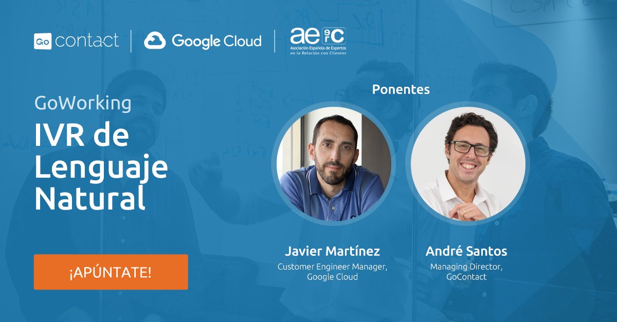 GoContactCloud's tweet photo. 📅30 de enero - 9h00 📅
Te esperamos en el I #GoWorking de @GoContactCloud para conocer y dar respuestas a tus dudas sobre #IVRdeLenguajeNatural junto a @jamarmu_es de @GoogleCloud_ES y @AntoAndreSantos de #GoContact
¡Inscríbete!👉🏻https://t.co/DfRwkv0oBz https://t.co/LnY5iQVHyW