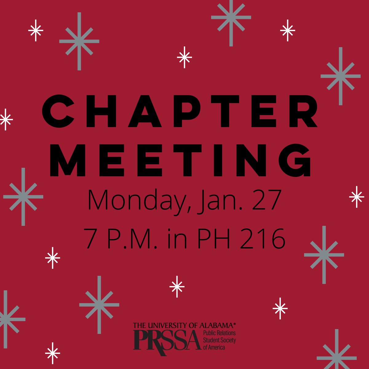 Our first Chapter meeting of the semester will be held Jan. 27 at 7 p.m. in Reese Phifer 216! Stay tuned to find out who will be speaking.