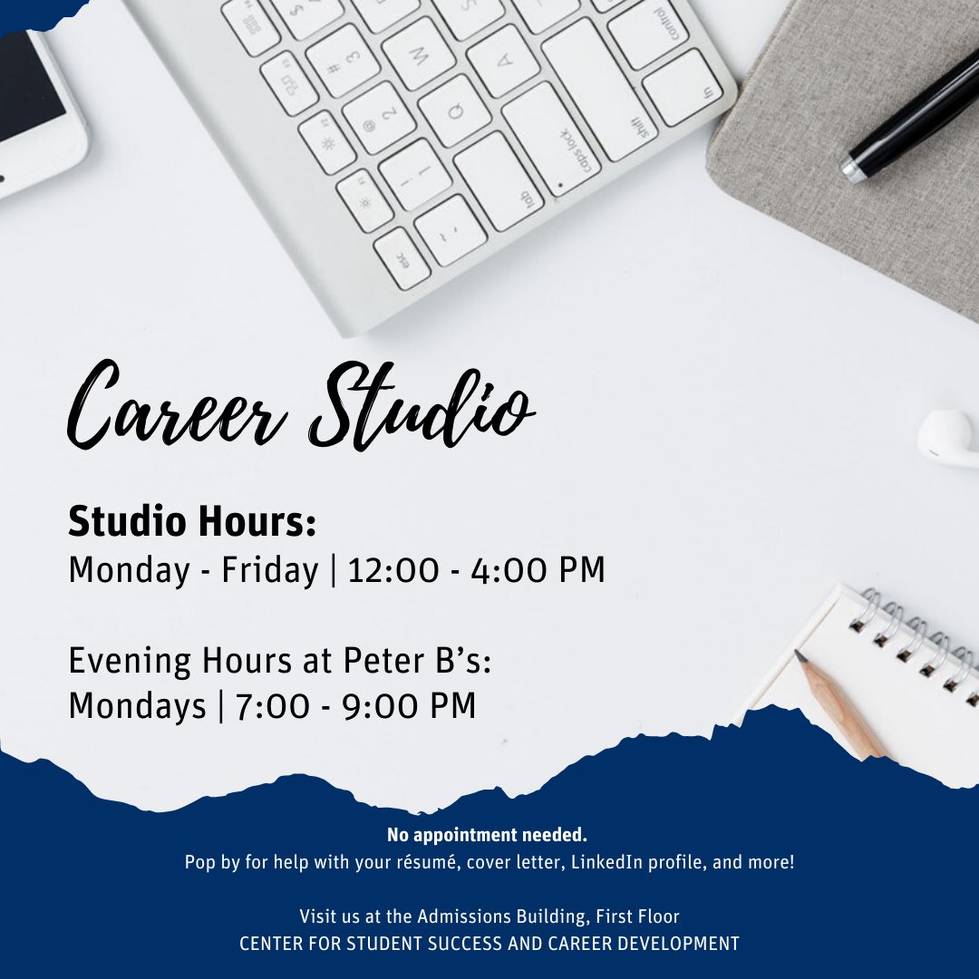 TrinCollCareers's tweet photo. Welcome back Bants!!
Career Studio is now open! Stop by the Center for Student Success and Career Development for resume reviews, cover letter critiques, and support with online resources such as LinkedIn, Bantam Career Network, and Handshake! @trinitycollege @joinHandshake https://t.co/sr9wJvgKAQ