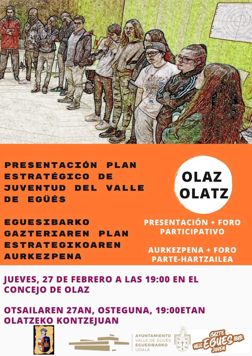 ℹ️ ¡ESTO NO HA HECHO MÁS QUE EMPEZAR! HAU HASI BESTERIK EZ DA EGIN! | EL I.PLAN ESTRATÉGICO DE LA JUVENTUD DEL VALLE DE EGÜÉS INICIA SU MARCHA

👉 Próximo encuentro: Concejo de Olaz, jueves 27 de febrero, a las 19:00 hrs. ¿Contamos contigo? 

📲💻 facebook.com/31962442181584…
