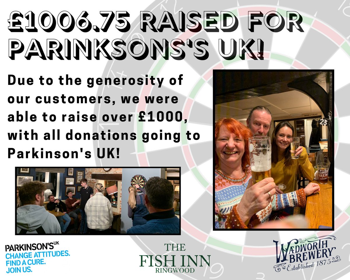 A big well done to all involved at The Fish Inn in Ringwood, who have raised over £1000 for @ParkinsonsUK with their recent charity dart night, great work! @DaveClarkTV @SteveGFord