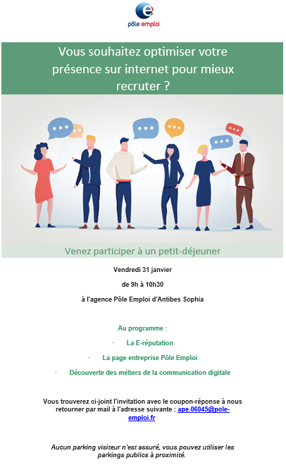 UPE_06's tweet photo. @poleemploi_06 vous propose de participer à un petit-déjeuner gratuit sur le thème #Optimisez votre présence sur #internet pour mieux #recruter. https://t.co/hosGgBsHM4