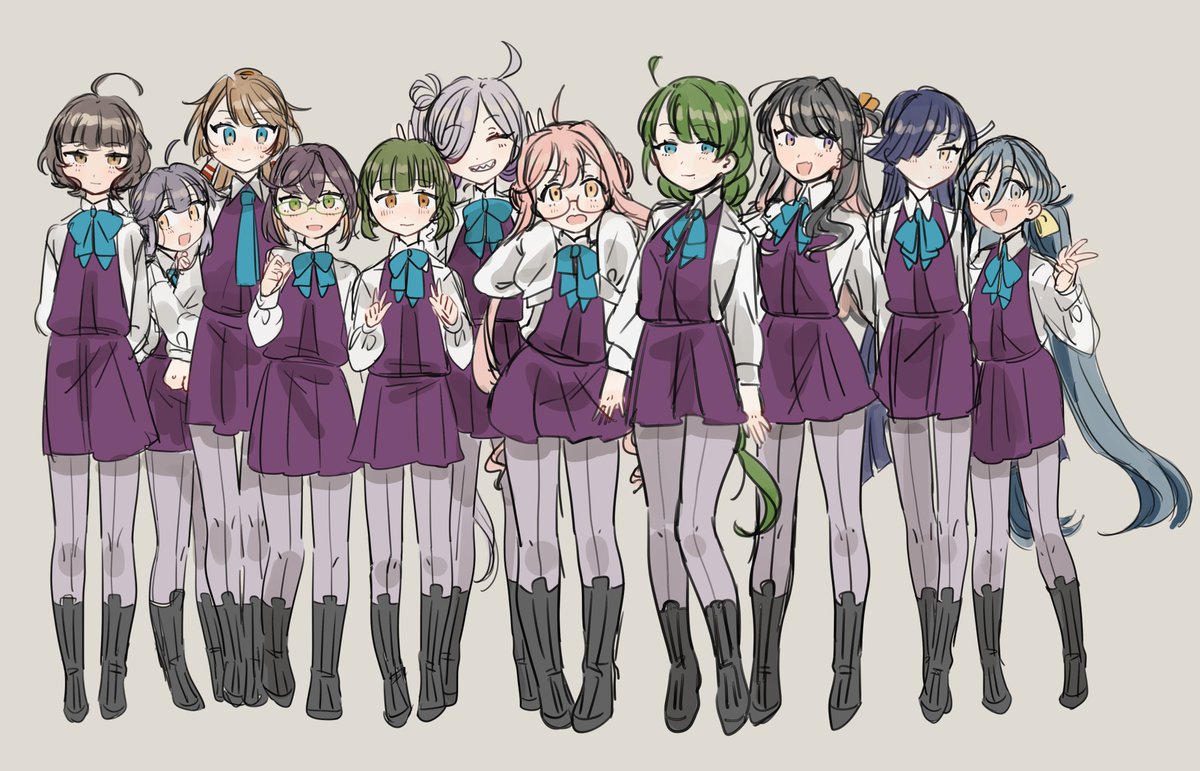 asashimo (kancolle) ,hayashimo (kancolle) ,kazagumo (kancolle) ,kishinami (kancolle) ,kiyoshimo (kancolle) ,makigumo (kancolle) ,naganami (kancolle) ,okinami (kancolle) ,takanami (kancolle) ,yuugumo (kancolle) multiple girls 6+girls pink hair brown hair green hair pantyhose long hair  illustration images