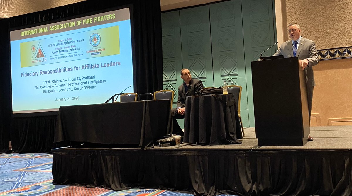 IAFFPresident's tweet photo. Opening remarks for the “Fiduciary Responsibilities for Affiliate Leaders” class.  @IAFFGST stressing the importance of good record keeping and gave examples of common mistakes and pitfalls for Local Treasurers &amp; Secretary-Treasurers. #ALTSHR20 #IAFF @IAFFNewsDesk https://t.co/XVpwUexiZo
