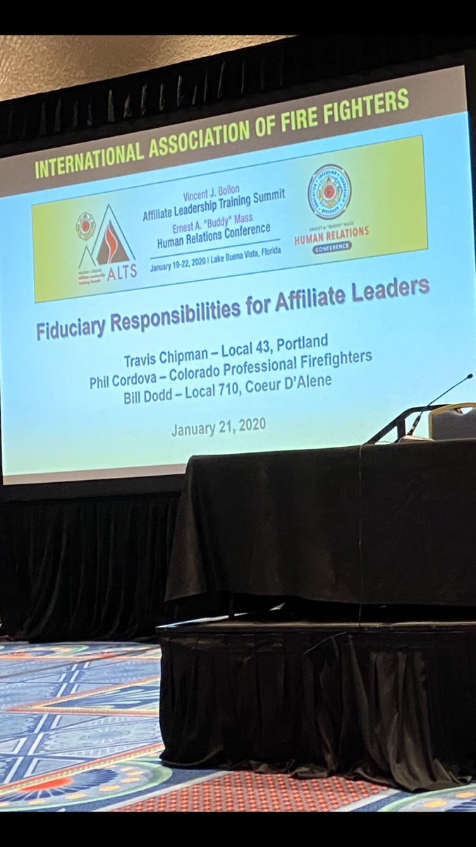 IAFFPresident's tweet photo. Opening remarks for the “Fiduciary Responsibilities for Affiliate Leaders” class.  @IAFFGST stressing the importance of good record keeping and gave examples of common mistakes and pitfalls for Local Treasurers &amp; Secretary-Treasurers. #ALTSHR20 #IAFF @IAFFNewsDesk https://t.co/XVpwUexiZo