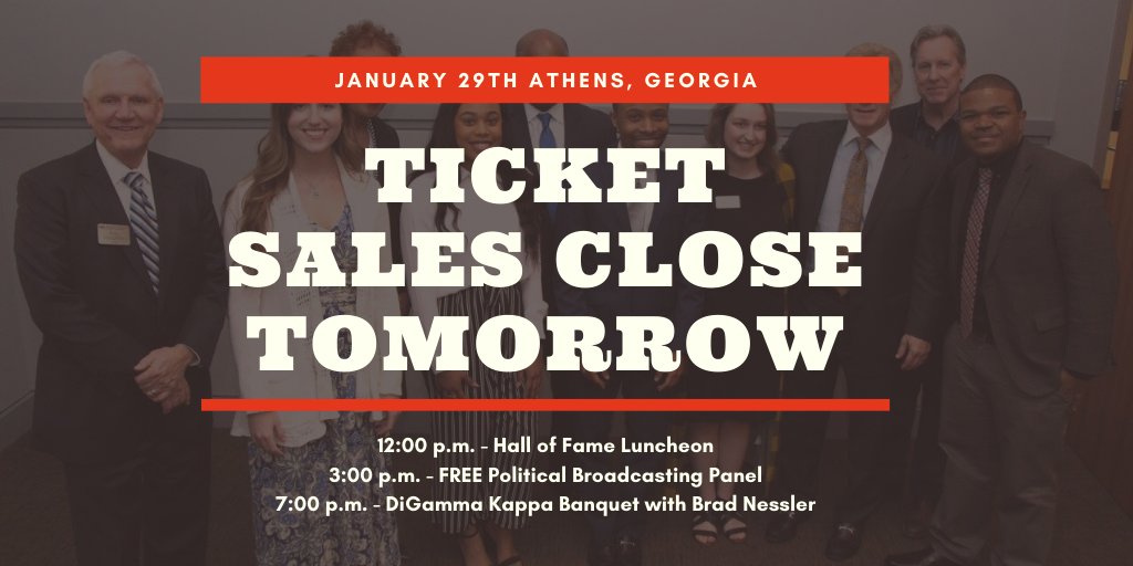 ⏰Time is running out to register for our events in Athens!! Don't miss our Annual Hall of Fame Luncheon, FREE Political Broadcasting Panel and Banquet with <a href="/DiGammaKappa/">UGA DiGamma Kappa</a> honoring Brad Nessler! ⏰Register here: gab.ticketspice.com/2020-gab-hall-…