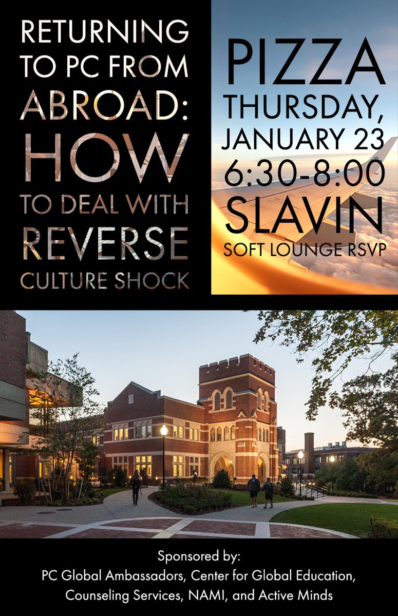 Returning to PC from abroad? Learn how to deal with reverse culture shock this Thursday, January 23, from 6:30-8 p.m. in Slavin Soft Lounge!