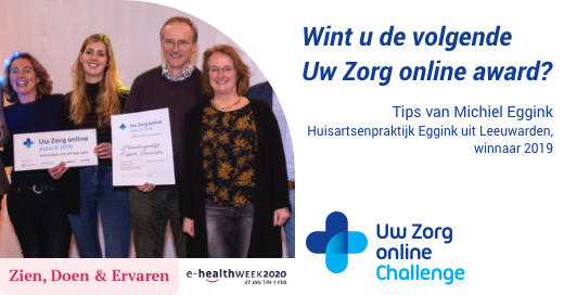 Wie wordt de winnaar van de #UwZorgonline award? Is het uw apotheek, huisartspraktijk of regio? Morgen laatste kans om mee te dingen naar de prijs! Schrijf u direct in: bit.ly/UwZorgOnline20… #ehw20 #ehealthweek