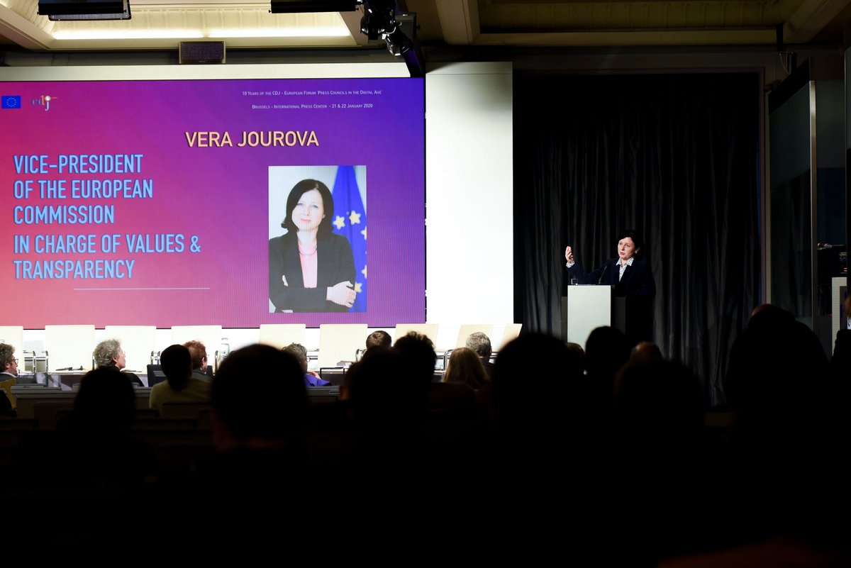 VeraJourova's tweet photo. Pleased to speak today at the European forum on “media councils in the digital age” organised by @DeontoloJ
 #presscouncilsEU. I truly believe in the power of self-regulation to maintain high-quality standards in the media sector. I want to further support such initiatives. https://t.co/gQYFgxzEUN