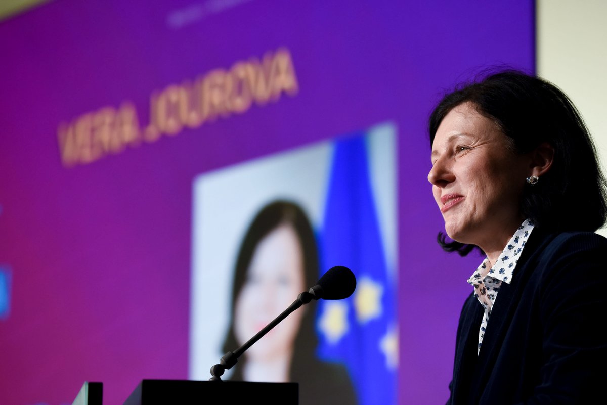 VeraJourova's tweet photo. Pleased to speak today at the European forum on “media councils in the digital age” organised by @DeontoloJ
 #presscouncilsEU. I truly believe in the power of self-regulation to maintain high-quality standards in the media sector. I want to further support such initiatives. https://t.co/gQYFgxzEUN