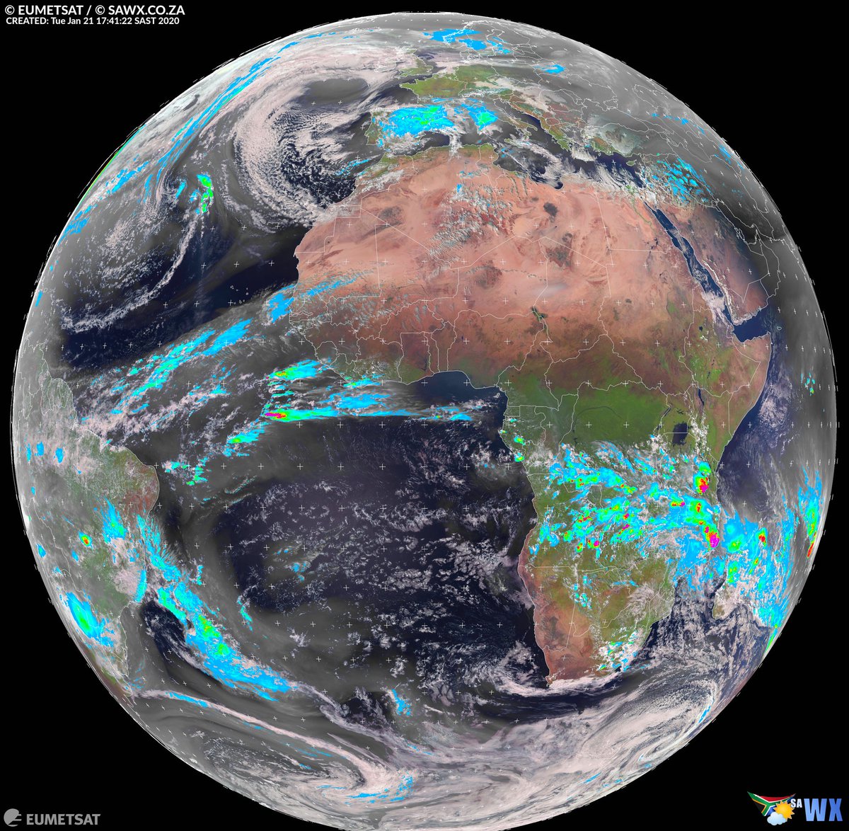 afriwx's tweet photo. 🆕 SpectraView with Rainfall Rate.

Another brand new composite satellite image giving us another full day &amp; night satellite image of our globe with the Multi-Sensor Precipitation estimate overlay.

#SpectraView #SpectraColor #SpectraChrome  #Satellite #WeatherPhotos #SAWX https://t.co/ZmUwjhlUTQ