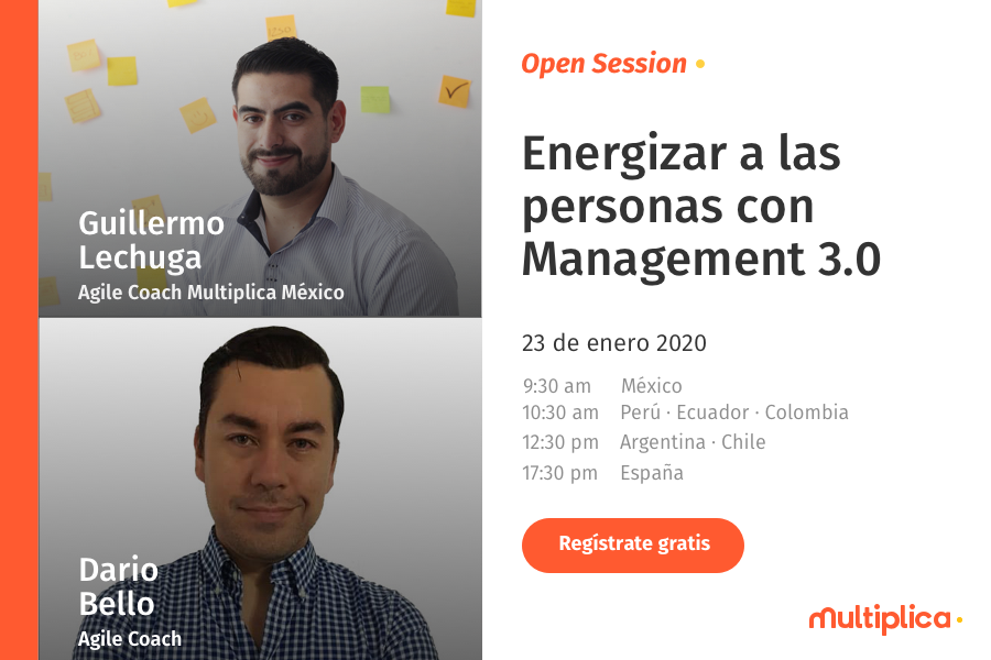 multiplica's tweet image. Esta semana retomamos nuestras #OpenSessionMX con Guillermo Lechuga y Dario Bello hablando sobre cómo energizar a las personas con Management 3.0. 
Te esperamos el próximo jueves 23 de enero. ¡No te la pierdas! Regístrate gratis aquí: lnkd.in/e83CDgF