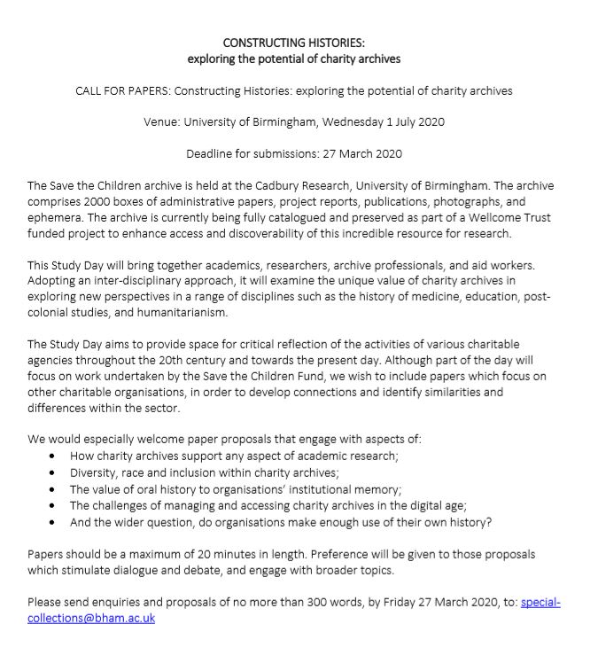 eccleston_mark's tweet photo. Charity archives conference, organised by @CadburyRL, will be held at University of Birmingham on 1 July 2020. Call for Papers now open... https://t.co/JKi99QvRKt