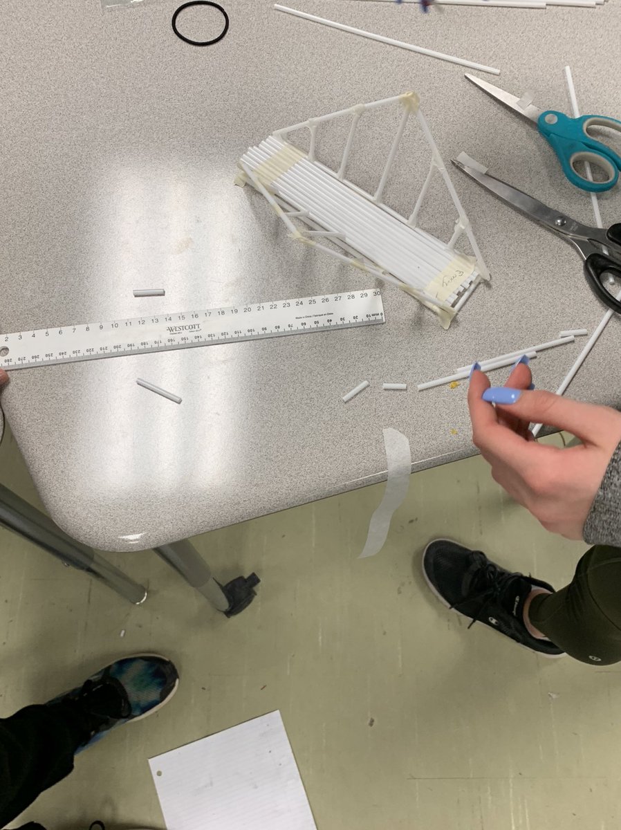 renthestem's tweet photo. Grade 7’s working hard and collaborating on their bridge design challenge. Limited to 40 straws and 1 m of tape. Needed to select 1 of 4 bridge designs, were randomly assigned a weather variable. Must withstand 125g/250g and span 35cm/25cm @GandyHappenings #GandySTEM https://t.co/S23j8uSR0b