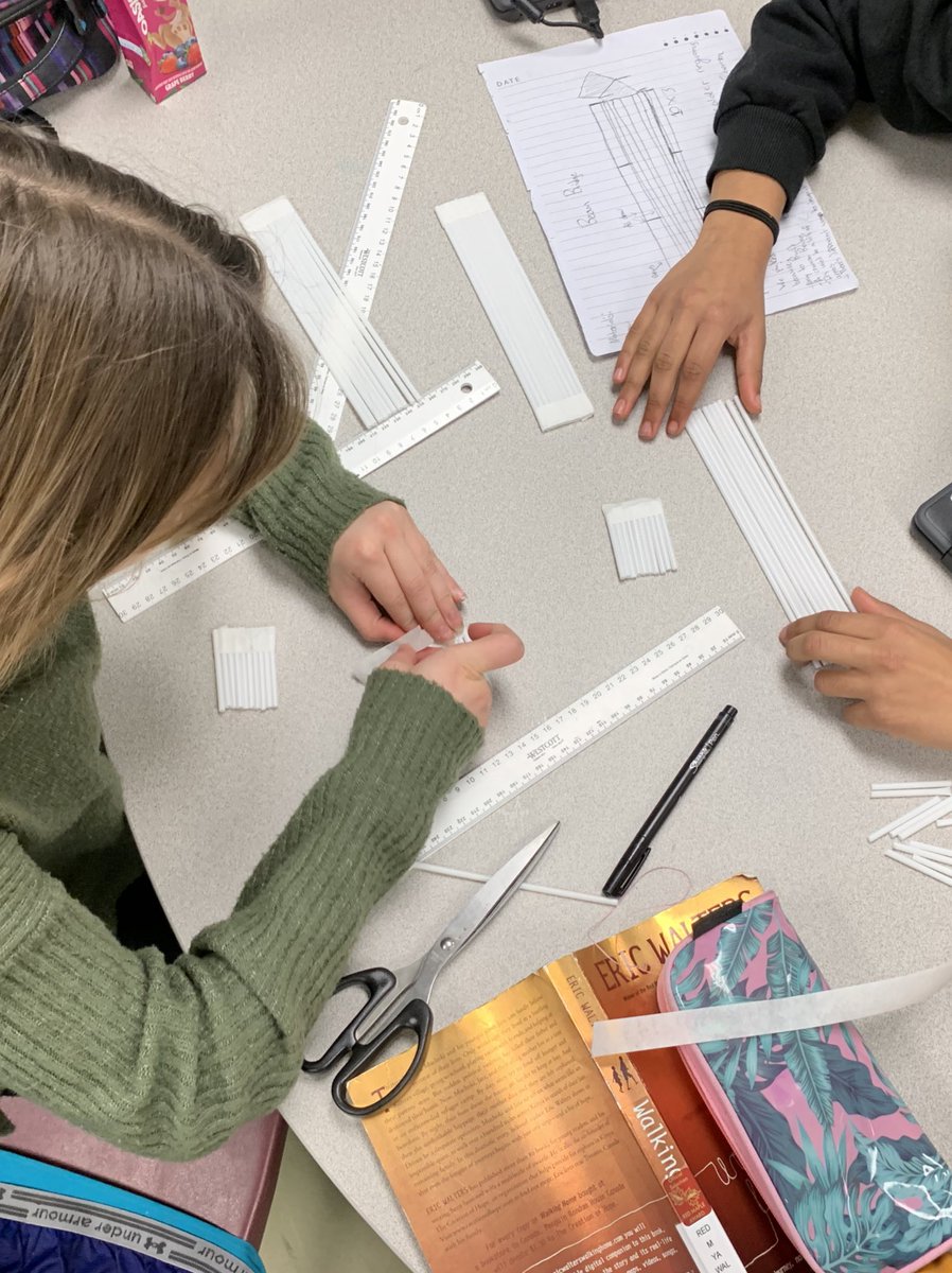 renthestem's tweet photo. Grade 7’s working hard and collaborating on their bridge design challenge. Limited to 40 straws and 1 m of tape. Needed to select 1 of 4 bridge designs, were randomly assigned a weather variable. Must withstand 125g/250g and span 35cm/25cm @GandyHappenings #GandySTEM https://t.co/S23j8uSR0b