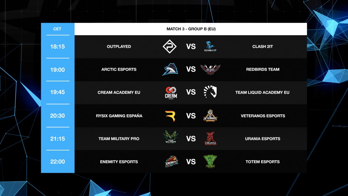 #GKRLeagues #ClashRoyale

🏆 EU Group B | Match 3

▶️ @Outplayedstaff VS <a href="/clash2it/">Clash2IT A.S.D</a> 
▶️ <a href="/ArcticUprise/">Team Arctic</a> VS <a href="/RedbirdsTeam/">RedBirds Team</a> 
▶️ @Cream_AcademyGG VS <a href="/TeamLiquid/">Team Liquid</a> AC EU
▶️ @RysixEspana VS <a href="/VeteranosClub/">Veteranos eSports</a> 
▶️ <a href="/TeamMilitaryGG/">TeamMilitarygg</a> VS <a href="/Urania_eSport/">URANIA🦋</a> 
▶️ <a href="/Enemity_eSports/">Enemity eSports</a> VS <a href="/esports_totem/">Moved</a>