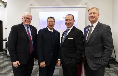 UIC Chancellor Michael Amiridis, Juan José Cabrera-Lazarini of Monterrey Institute of Technology, University Trustee Ramón Cepeda and Vice Provost for Global Engagement Neal McCrillis attend a welcome meeting announcing UIC’s partnership with Monterrey Tec. Photo: UIC Creative and Digital Services
