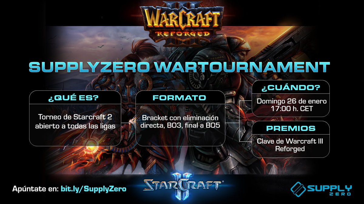 SupplyZero's tweet image. Tenemos el placer de anunciar un torneo de @StarCraft_ES abierto a todas las ligas. 
📆⏰ 26 de Enero a las 17:00 CET
🏆 Ganador una clave de WarCraft III: Reforged.
📌Apúntate en:  bit.ly/SupplyZero