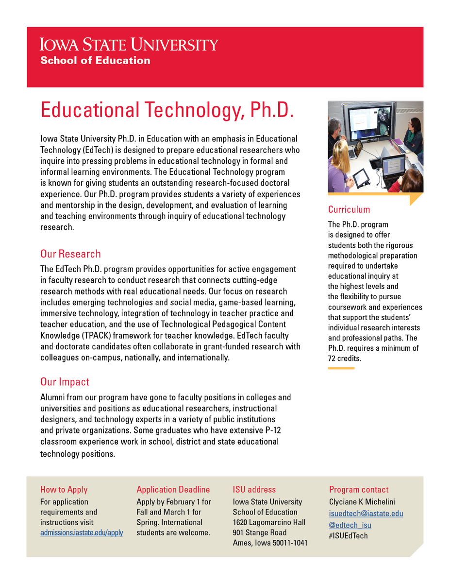 ctltisu's tweet photo. SchmidtCrawford: RT ISUSOE: Interested in #EdTech? Want to get your #PhD? You're in luck! edtech_isu is still accepting applications for the Fall 2020 cohort. Check out our website for more info and get your application in by Feb. 1 - … https://t.co/2MQYs0QbyM