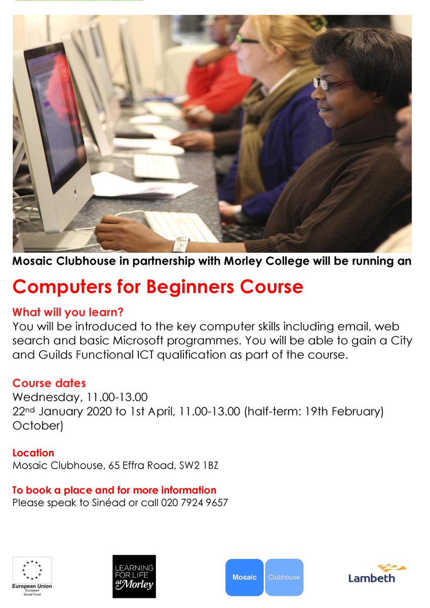 EmploySE1's tweet photo. If you are a #Lambeth resident wanting to improve your #maths or #computer skills, why not sign up for your #training course with @MosaicClubhouse in partnership with @morleycollege. #Courses starts tomorrow 22nd Jan!
#LocalTraining #LocalRecruitment #EmploySE1 https://t.co/FbpMXhadY0
