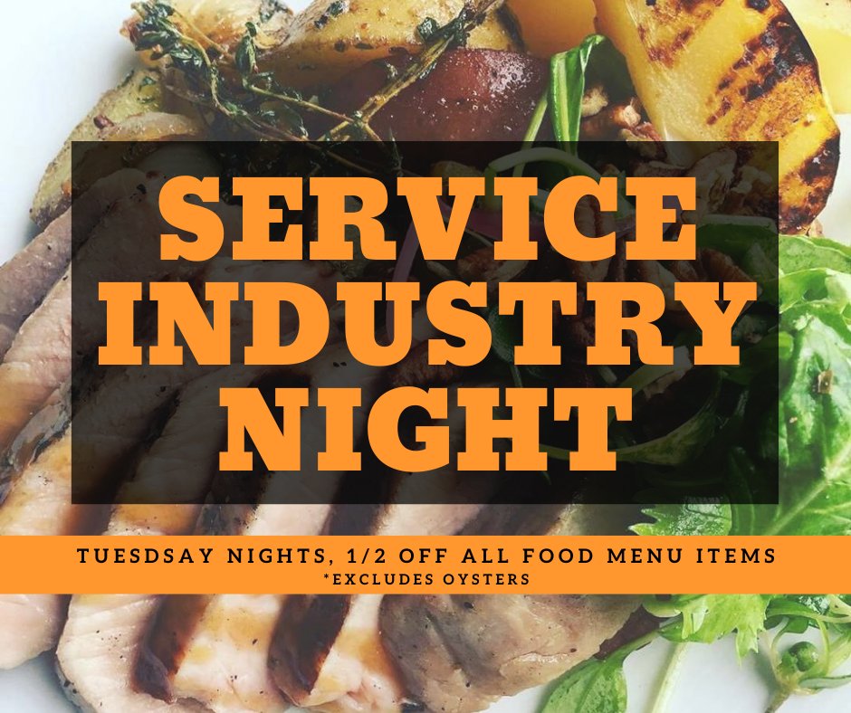 Calling ALL service industry folks (do you serve the public? Then you’re service industry to us!) Every Monday from 4:30-9:30pm, all food items on the menu are half off (oysters excluded).